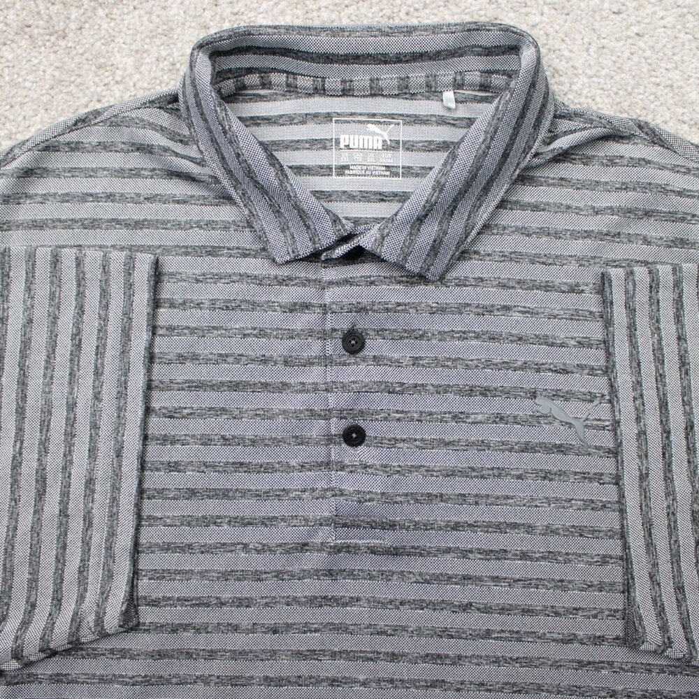 Puma Polo Shirt Mens 2XL XXL Gray Striped Golf Short Sleeve Stretch Pullover